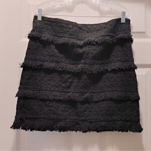 Anthropologie HD in Paris Black Tiered Fringe Eyelet Pencil Mini Skirt Boho
